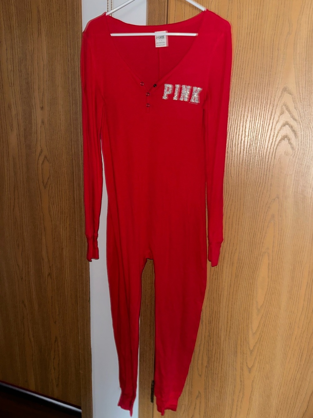 Rare 'Ho Ho Ho' Victoria's Secret PINK Women's Red One-Piece Pajama Jumpsuit - Picture 3 of 7